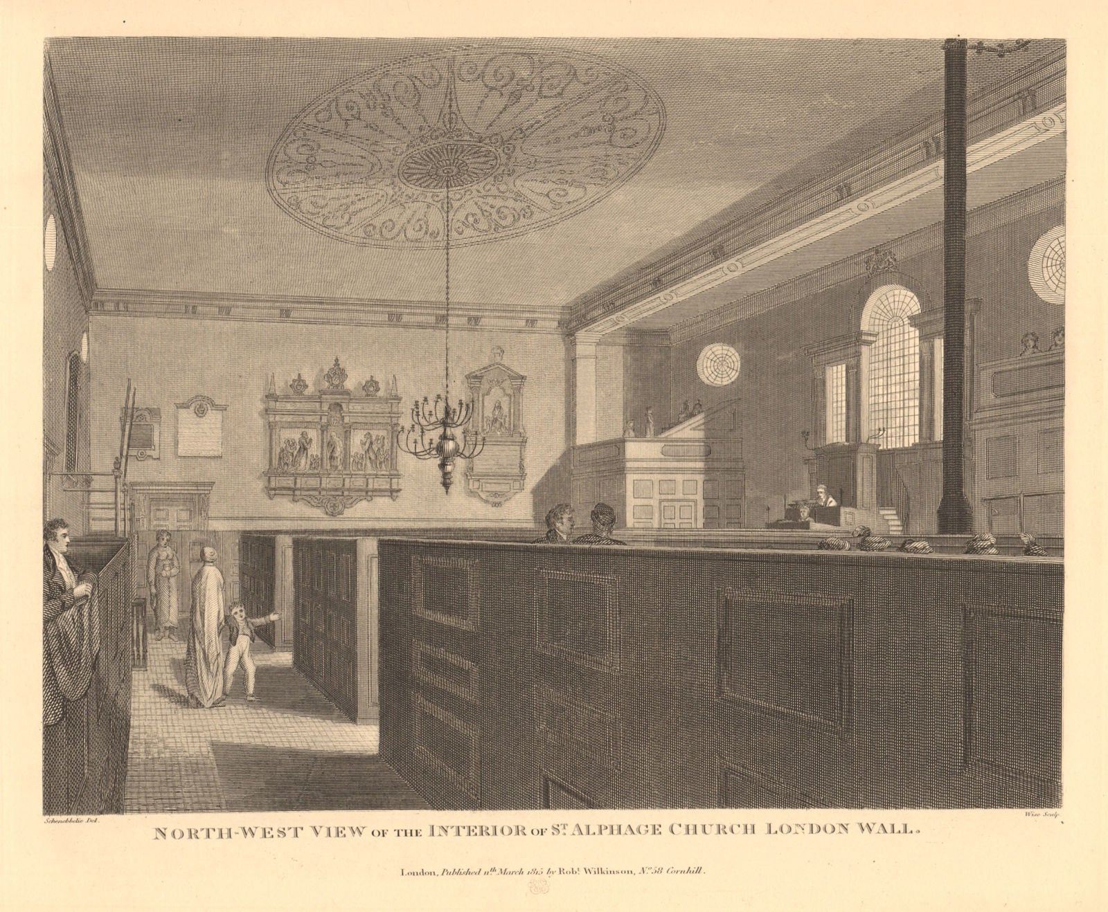 ST ALPHAGE LONDON WALL. North west interior view. WILKINSON 1834 old print